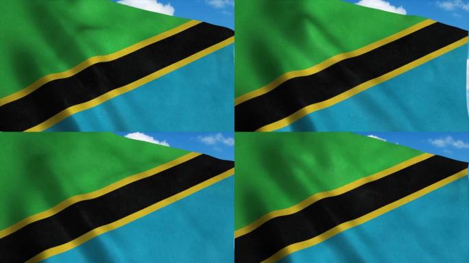 坦桑尼亚国旗在风中飘扬，蓝天为背景。4 k