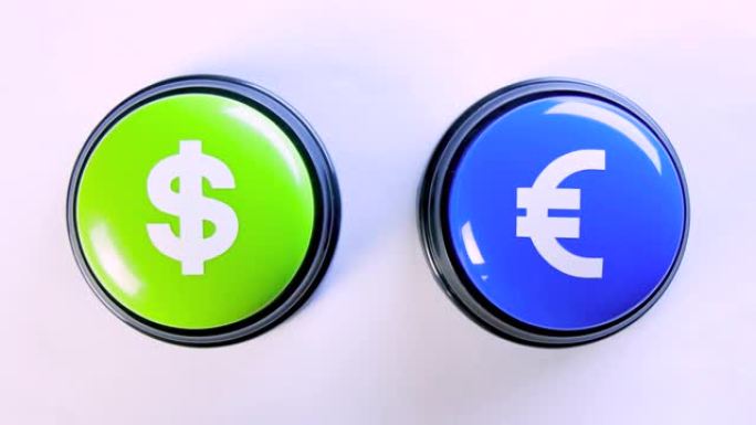 商务人士按绿色，蓝色货币按钮，带有美元/欧元符号。按下按钮就能赚大钱。选择货币兑换。4k视频盈利支付