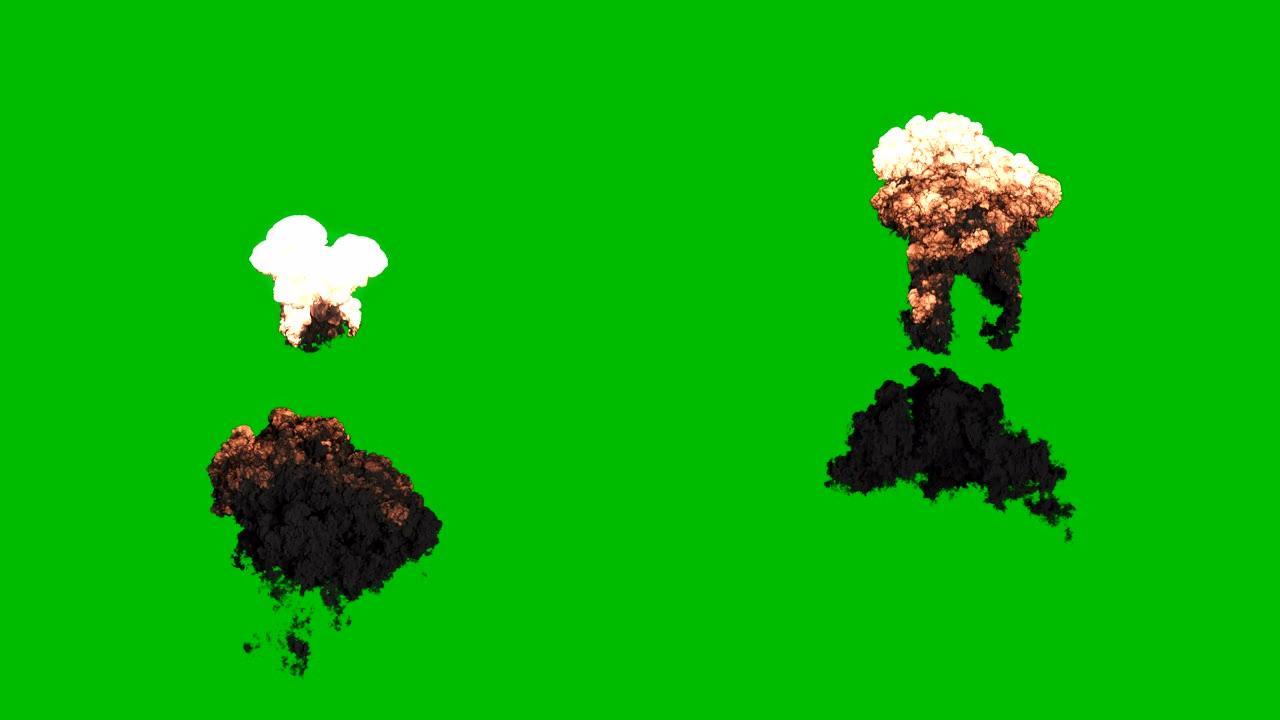 炸药或燃料的强力爆炸，并带有大量黑烟。黑烟爆炸，炸药爆炸。绿屏前的VFX动画。