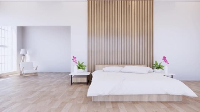 家庭内墙模型，卧室木床最小设计。3D渲染。