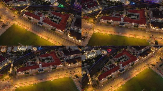 夜间照明吉隆坡城著名的宫殿滨江湾交通街道高空俯视图4k马来西亚