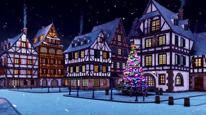 圣诞节之夜降雪的欧洲小镇3D动画