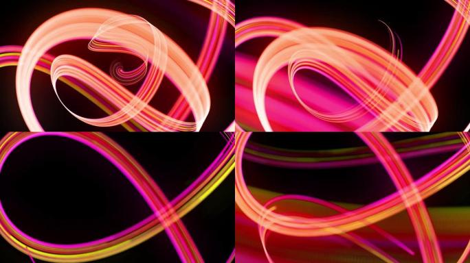 4k中的光流bg。抽象的循环背景与光线的踪迹，流的绿色红色黄色霓虹灯线在空间移动形成螺旋形状。现代时