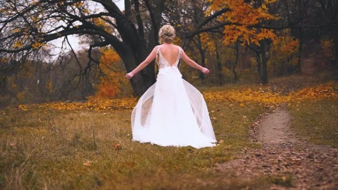 金发女人走在大自然中。白色复古长裙，带火车和开背