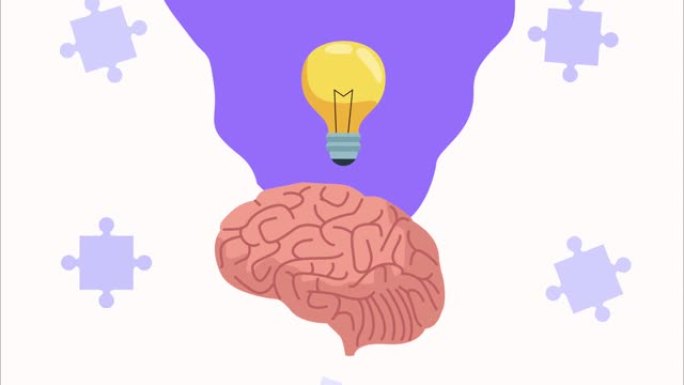 精神卫生动画与大脑和灯泡在拼图背景