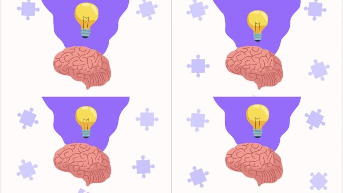 精神卫生动画与大脑和灯泡在拼图背景
