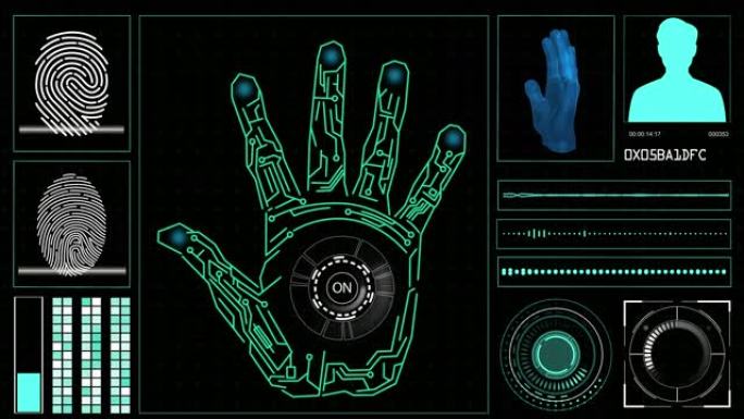 计算机显示屏上的hud元素，带有手扫描和屏幕上的指纹。