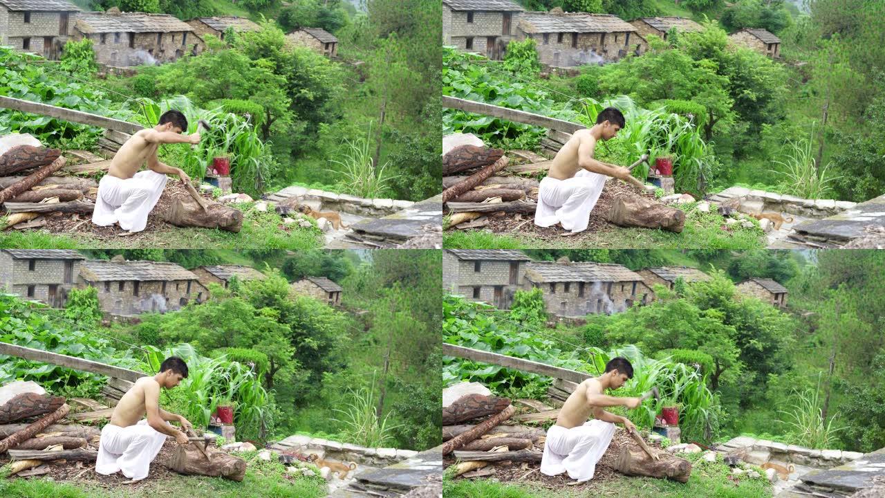 一个小男孩穿着白色的dhoti用斧头砍柴。