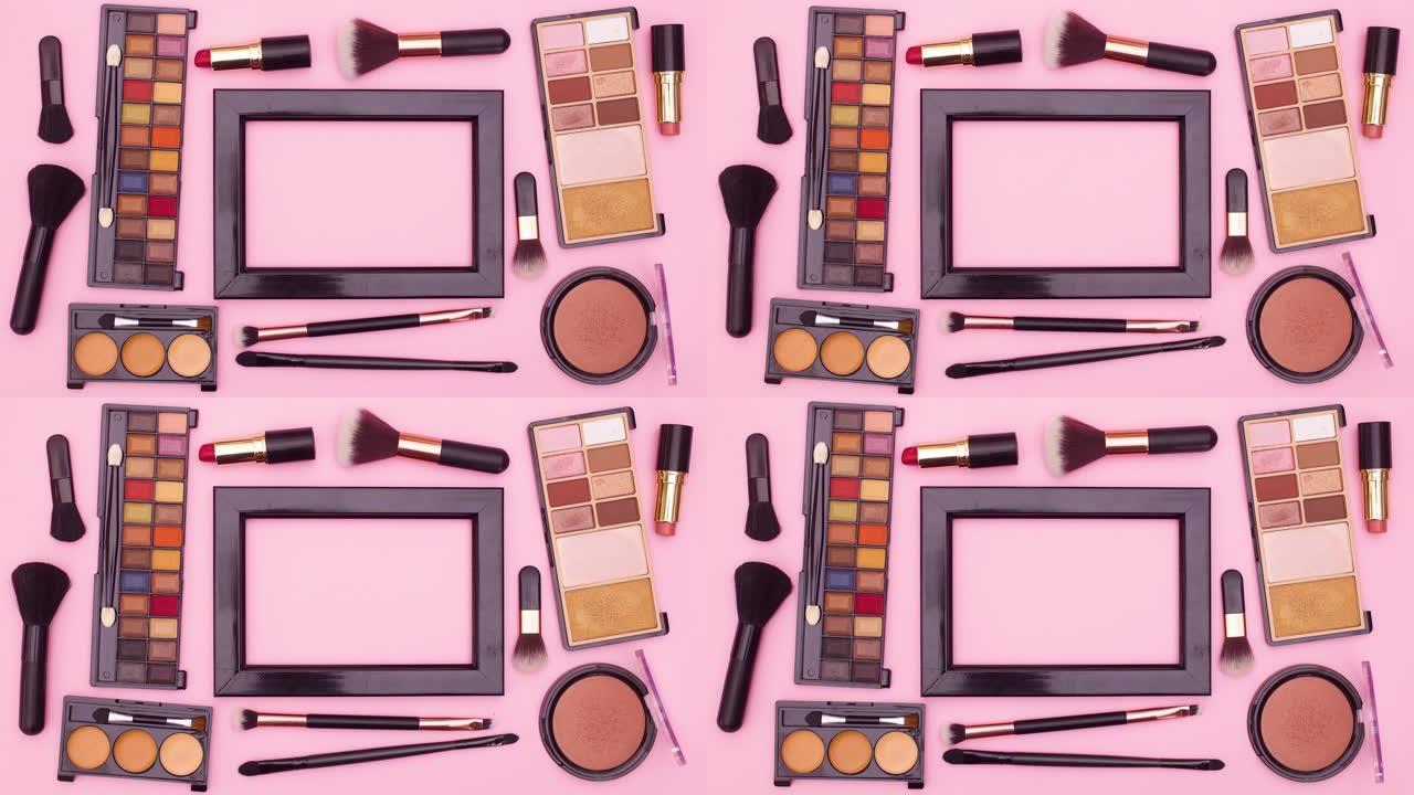 化妆产品围绕黑色框架移动粉色主题的文本。停止运动