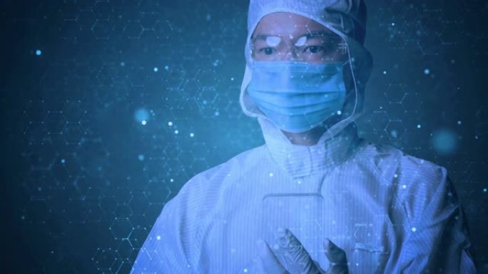 医学家医生疫苗研究病毒分析在无尘室实验室用高科技技术人工智能医院医疗保健数字未来虚拟现实