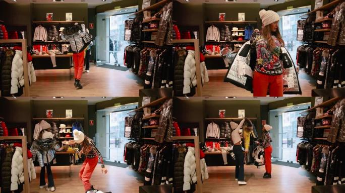 双胞胎姐妹在寒假期间去购物，笑，玩得开心。女人尝试冬装和跳舞，非常适合4K冬季活动