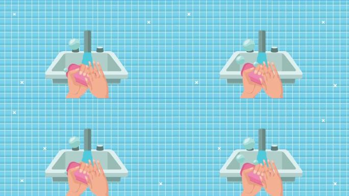 全球洗手庆祝动画与洗手用肥皂在浴室场景