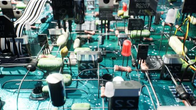 技术设备内部的电子元件: 微芯片，晶体管，led和半导体。电子电路板的技术背景。