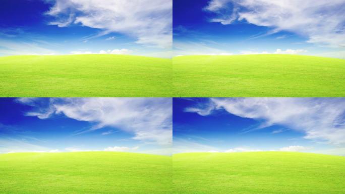 延时4K。29.97fps。镜头，美丽的绿草田和蓝天，阳光明媚的夏天风景背景