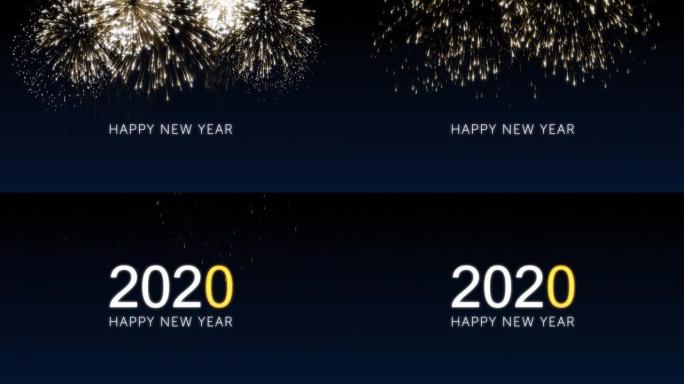 快乐的新2020年社交明信片，带有优雅的黑色和蓝色背景上的金色动画烟花。节日活动的庆祝概念动画。新年