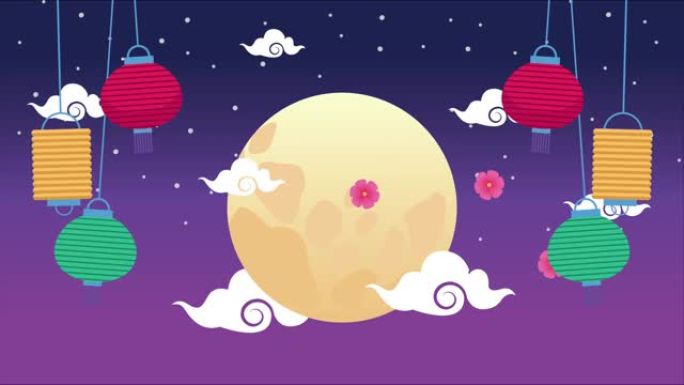 月亮和灯悬挂的中秋节动画