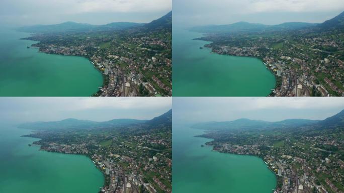 蒙特勒城日内瓦湖著名海湾山空中全景4k瑞士日间飞行