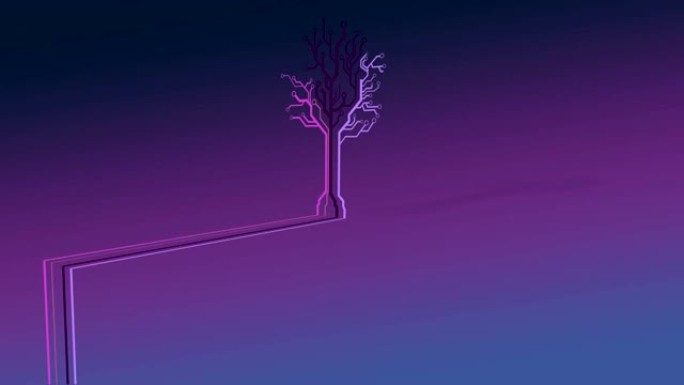 霓虹灯制成的树的动画，紫色背景上的彩色线条。
