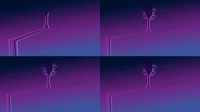 霓虹灯制成的树的动画，紫色背景上的彩色线条。