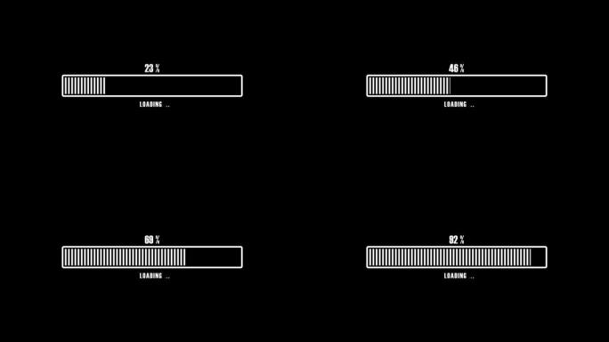 动画白色加载栏在黑屏上运行垂直线。百分比指标。从1到100转移
