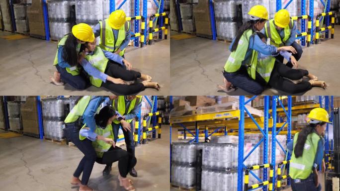 工作中的危险事故。仓库发生事故后的仓库工人。