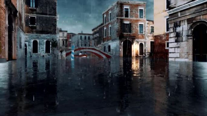 意大利威尼斯洪水期间的空荡街3D动画