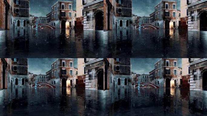 意大利威尼斯洪水期间的空荡街3D动画