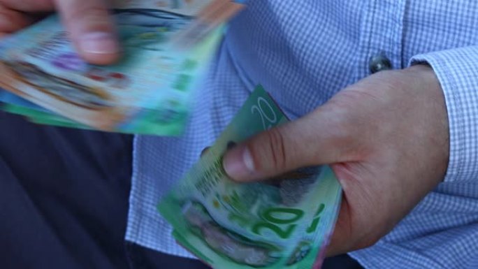 一个穿着商务衬衫的男人数着新西兰的钱。很多不同的美元