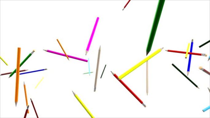 彩色学校蜡笔以慢动作飞行，对抗白色