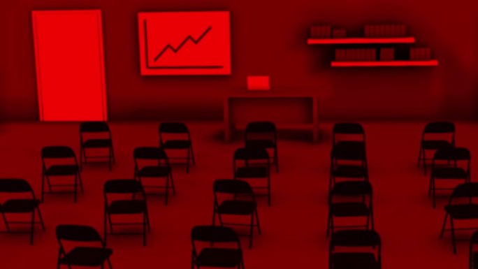 摘要空考或考场的红色，教育理念。动画。带有黑板，椅子和书架的教室的3D布局