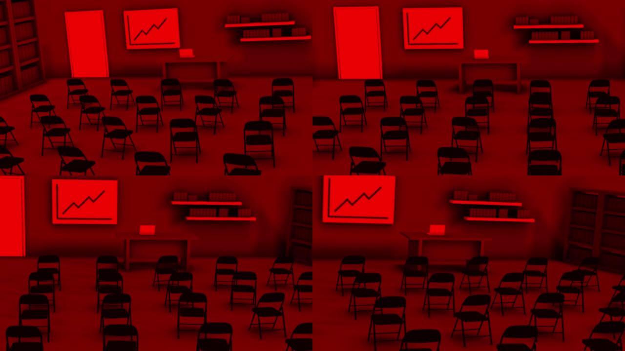 摘要空考或考场的红色，教育理念。动画。带有黑板，椅子和书架的教室的3D布局