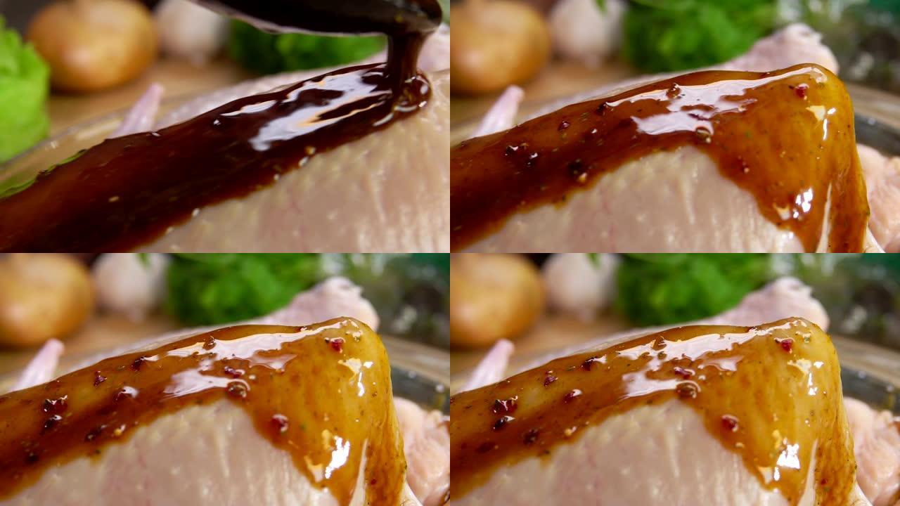 腌料酱汁在鸡肉上的特写镜头