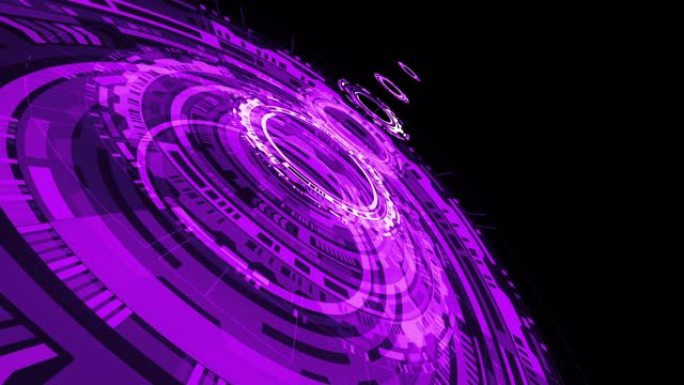 抽象紫罗兰色科技HUD circle接口无缝循环背景，高科技未来全息图显示。4K 3D渲染高科技概念