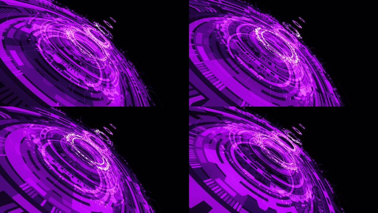 抽象紫罗兰色科技HUD circle接口无缝循环背景，高科技未来全息图显示。4K 3D渲染高科技概念