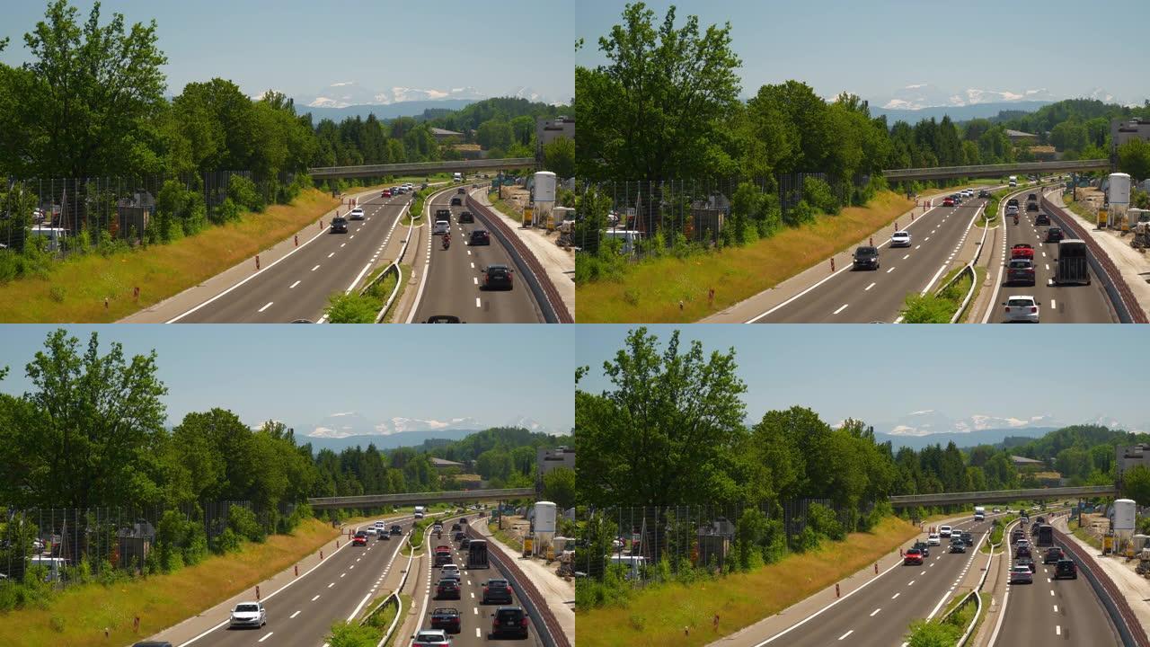 晴天小城市交通公路大桥全景4k瑞士