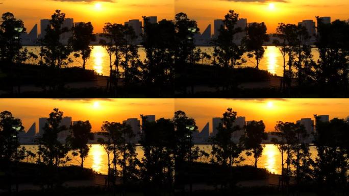 日落时公园的东京湾景色。