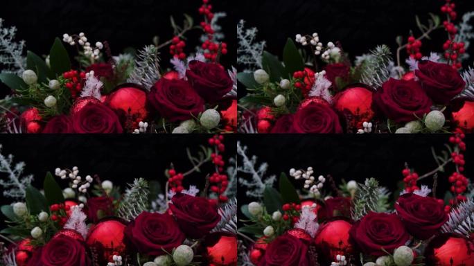 黑色背景下美丽玫瑰花束的旋转镜头，工作室镜头-爱情概念
