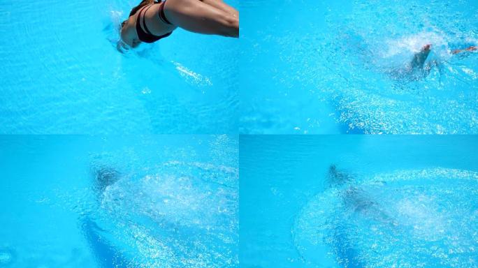 身穿比基尼的无法辨认的女人跳进盆里，用相机拍摄自己。年轻女孩在阳光明媚的日子里积极休息在游泳池里游泳