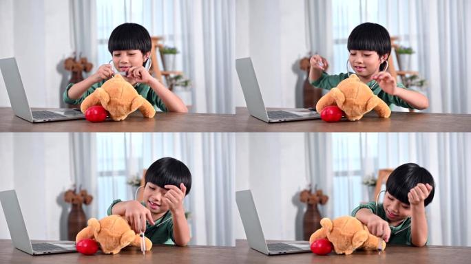 亚洲小孩独自在家玩洋娃娃。儿子以玩具为朋友。孤独的男孩不开心。
