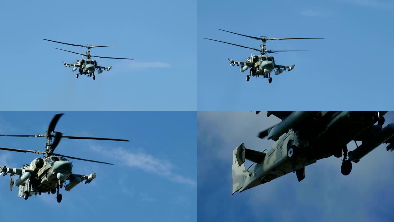 军用直升机在空中侵略军事演习螺旋桨