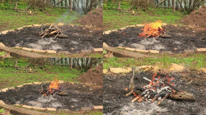 夏季延时旅游篝火燃烧的木材