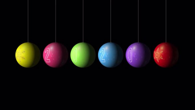 设置带有金色雪花和文字2020的圣诞节和新年五彩球的循环逼真的动画。白色背景上的旋转装饰。圣诞快乐，
