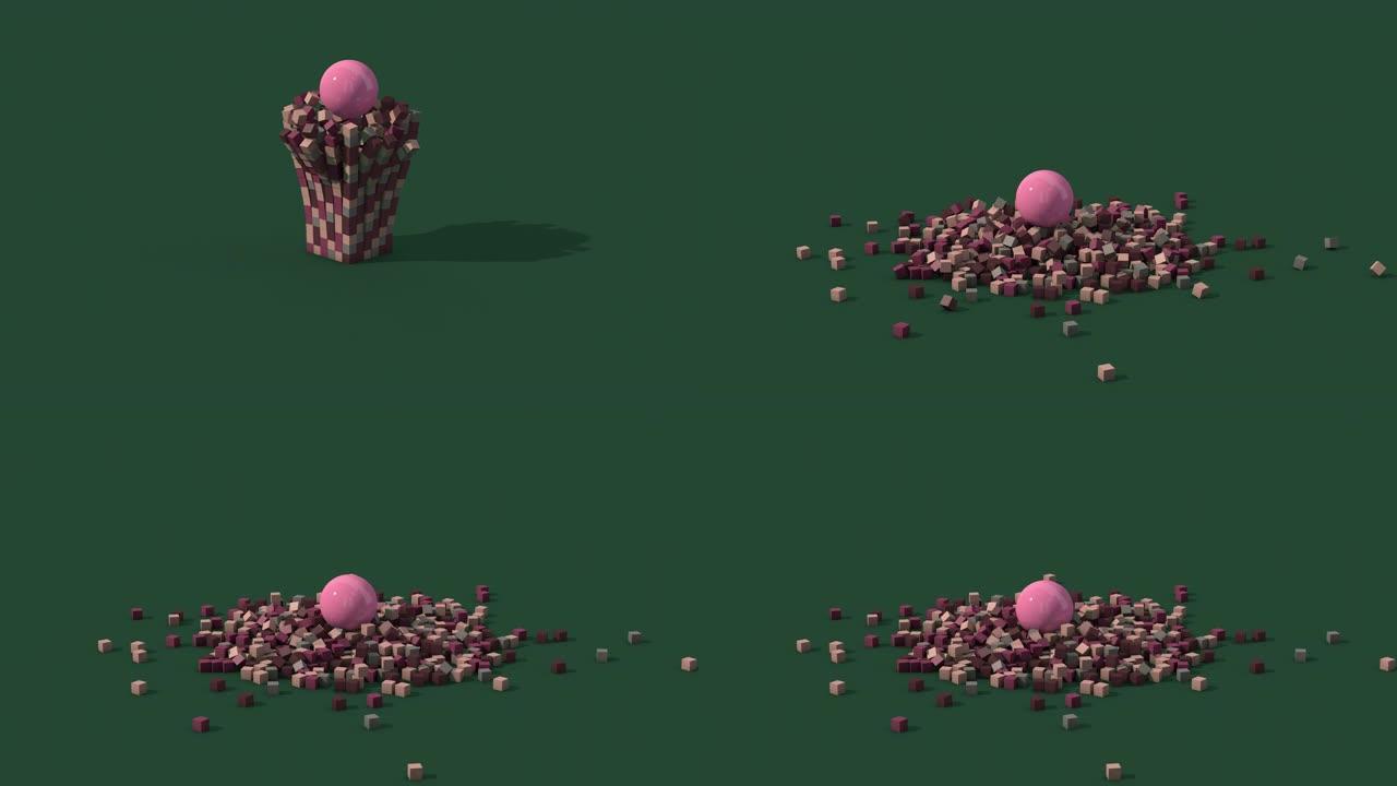 粉红球摧毁彩色立方体塔。绿色背景。抽象动画，3d渲染。