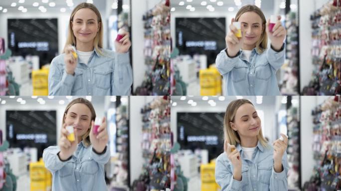 情绪化的年轻女子拿着指甲油在商店里看着镜头