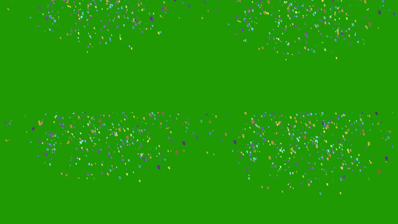 五彩纸屑派对波普尔在绿色背景上爆炸。3d动画，4K