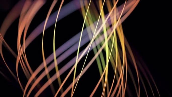 模糊的彩色霓虹灯线条和螺旋交织在黑暗背景上旋转的抽象动画。动画。抽象螺旋旋转辉光线，计算机生成背景