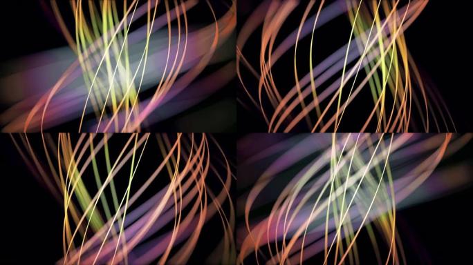 模糊的彩色霓虹灯线条和螺旋交织在黑暗背景上旋转的抽象动画。动画。抽象螺旋旋转辉光线，计算机生成背景