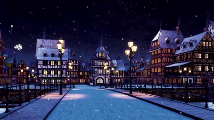 冬天晚上降雪时空荡荡的舒适中世纪小镇