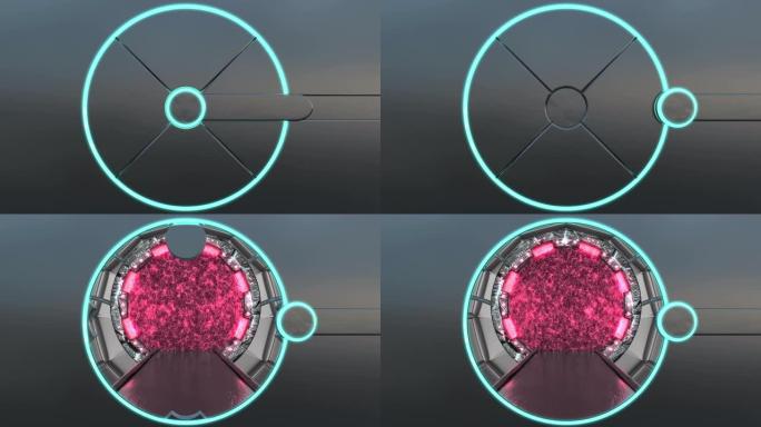 带有霓虹灯的金属舱口可打开飞船景观的全景。带门户的科幻走廊的3d抽象背景。未来技术抽象VJ为技术标题