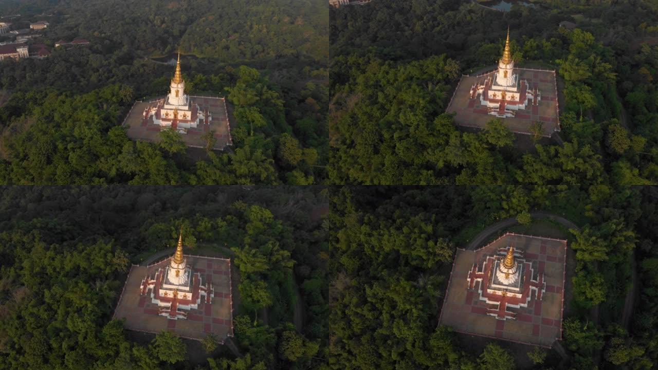 4k高角度无人机视图飞来飞去，摄像机在泰国佛教寺庙顶部拍摄，山顶，亚洲旅游目的地，信徒冥想因果报应天